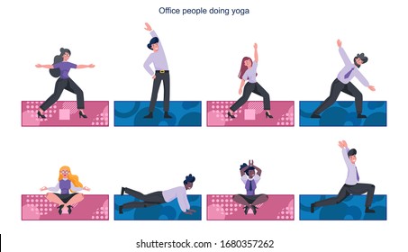 Business people doiong yoga set. Relaxation and exercise for corporate office workers. Businesswoman sitting in lotus position, businessman doing asana. Isolated vector illustration