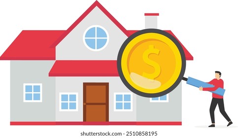 Business people with dollar money inside magnifier glass. Buy real estate and pay credit to bank app. Modern vector illustration in flat style

