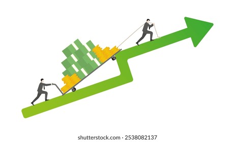 Empresários arrastam um carrinho cheio de dinheiro em flecha verde subindo, trabalho em equipe no crescimento dos negócios, estratégia de renda, ganho financeiro, riqueza econômica, meta de receita e tentativa de investimento em um mercado.