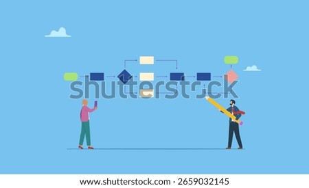 Business people drawing workflow process. Business process, workflow diagram or model design, flowchart to get result, map or plan for business procedure, solution, strategy to implement.