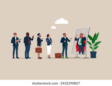 Business people dreams of becoming a superhero looking at his strong ideal self superhero reflection mirror. Self confidence, positive attitude to success, determination to achieve goals. Vector