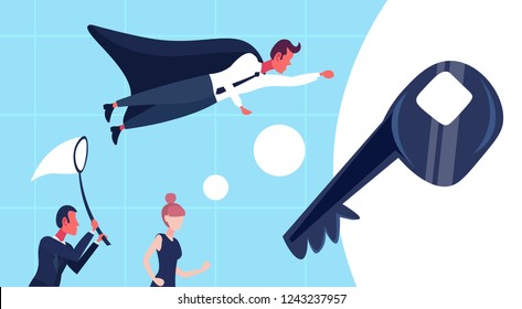 Business people, dressed superhero cloak, with butterfly net and woman trying to get key.  Startup project competition team leader cartoon character.  flat horizontal