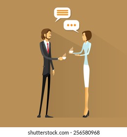 business people drink coffee, chatting talking on break flat design vector illustration