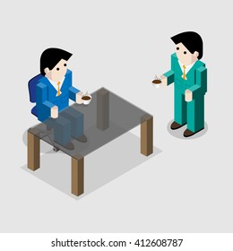 Business people drink coffee on gray background Vector illustration
