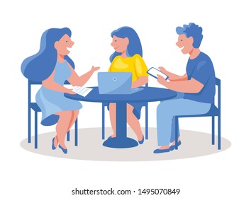 Business people drinking coffee and working in an outdoor cafe. Group of businessmen talking, hold meeting in cafe on business lunch or coffee break. Coworking space, workplace in restaurant
