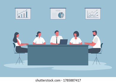 Business people during the meeting. Office workers are sitting at the table in the office. There are also diagrams on the wall. Conference hall. Funky flat style. Vector illustration