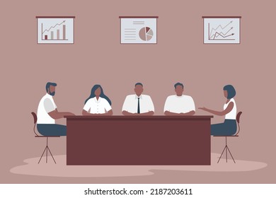 Business people during the meeting. Office workers are sitting at the table in the office. There are also diagrams on the wall. Flat style. Vector illustration