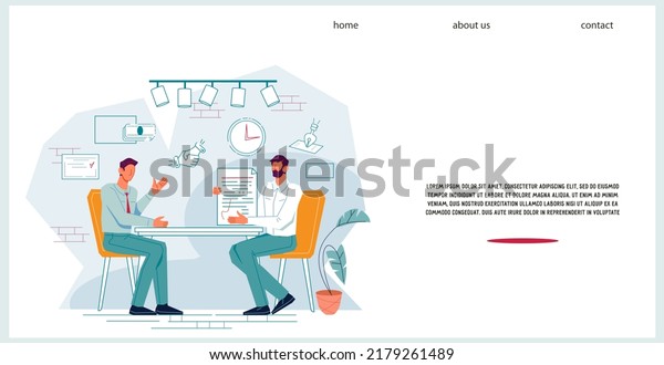 Business people during a\
meeting and signing an agreement on joint work and cooperation,\
discussing a joint project, flat vector illustration for website or\
landing page.
