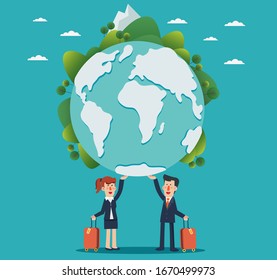 Business people with Earth globe. Business travel vector illustration. Eco friendly ecology concept