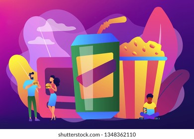 Business people eating hamburgers and drinking soft drinks near huge junk food. Snacking non-stop, junk food eating, reduce cholesterol use concept. Bright vibrant violet vector isolated illustration