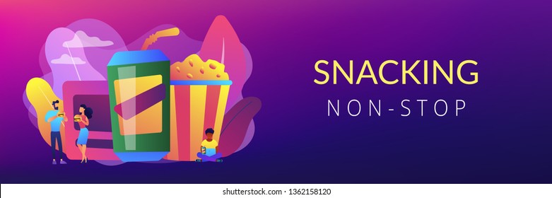 Business people eating hamburgers and drinking soft drinks near huge junk food. Snacking non-stop, junk food eating, reduce cholesterol use concept. Header or footer banner template with copy space.