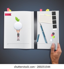 Business people with ecologic white button printed on book