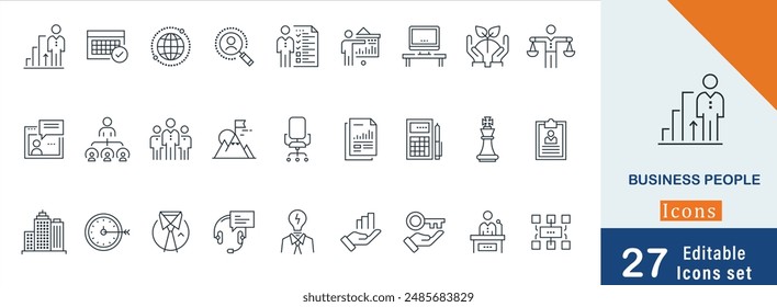 Business people editable outline symbol collection. containing Career Growth, Management, Chairperson, Planning,  Global Business, Workplace and more simple line 