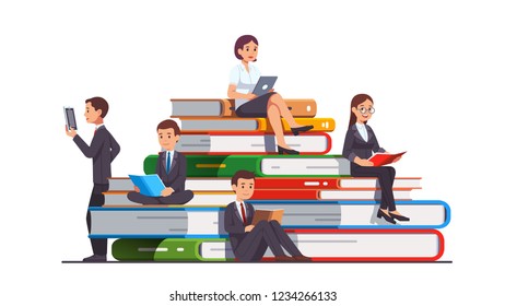 Business people education & knowledge concept. Businessman, businesswoman sitting on a big stack of books reading paper books and digital on modern tablet computers. Flat cartoon vector illustration