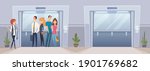 Business people in elevator. Open and closed elevators in office building. Colleagues greetings, happy managers go to work vector illustration