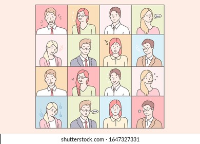 Business people emotions and facial expressions set concept. Collection of illustrations businessmen and women expressing different emotions. Businesspeoples portraits in cartoon style. Simple vector