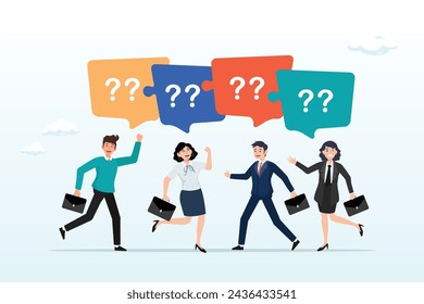 Business people employee ask questions with question mark signs, ask questions for help or solution, confusion, doubt or query for answer and information, business discussion to solve problem (Vector)