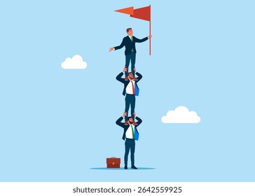 Business people employee holding each other on their shoulders. Climb to next level. Corporate of success. Flat vector illustration