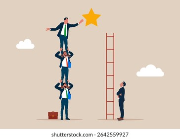 Business people employee holding each other on their shoulders. Unfair competition between businessman, inequality or privilege in business concept. Business vector illustration