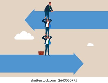 Empregados de pessoas de negócios segurando uns aos outros em seus ombros. Decisão de mudar para melhor oportunidade. Mude a abordagem de negócios. Ilustração de vetor plano