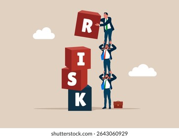 Empregados de pessoas de negócios segurando uns aos outros em seus ombros e cúbicos em pilha com a palavra RISCO. Gestão de risco, controle ou avaliação para perder dinheiro em investir. Ilustração de vetor plano