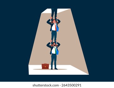 Empregados de pessoas de negócios segurando uns aos outros em seus ombros. Porta da liberdade, Conceito de novas oportunidades. Ilustração vetorial.