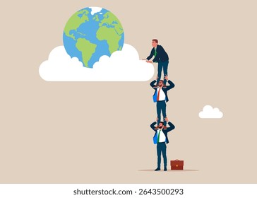 Empregados de pessoas de negócios segurando uns aos outros em seus ombros. Sucesso. Terra. Correndo no mundo em crescimento. Abra o mundo dos negócios. Ilustração vetorial moderna em estilo plano