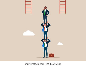 Empregados de pessoas de negócios segurando uns aos outros em seus ombros. Os empresários hesitam em escolher a escada para subir mais. Ilustração vetorial moderna em estilo plano