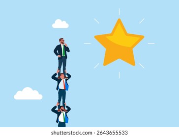 Business people employee holding each other on their shoulders about to cross to shining star. Business opportunity, ladder of success or aspiration to achieve business goal. Flat vector illustration