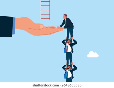 Empregados de pessoas de negócios segurando uns aos outros em seus ombros. Suporte aos negócios. Empresários e mão grande ajudam a subir a escada do sucesso, para a oportunidade de negócios. Ilustração de vetor plano