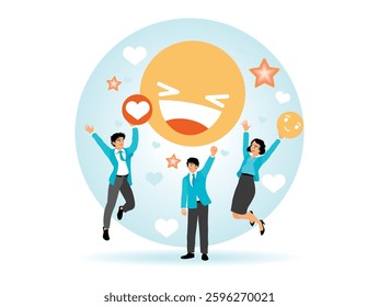 Business people employee with smile happy face expressing excitement around animated symbolizing happiness, teamwork, and positivity. Flat vector illustration