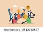 Business people employee with stars and happy reward. Employee engagement, commitment or motivation to success with company, staff dedication or job satisfaction, productivity or employee recognition.