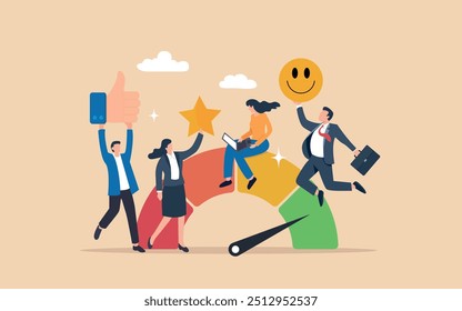 Business people employee with stars and happy reward. Employee engagement, commitment or motivation to success with company, staff dedication or job satisfaction, productivity or employee recognition.