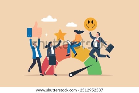 Business people employee with stars and happy reward. Employee engagement, commitment or motivation to success with company, staff dedication or job satisfaction, productivity or employee recognition.