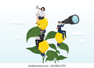 Business people employee working on growing lightbulb plant, corporate culture or employee value, organization, team success or career growth, community or company growth participation, HR (Vector)