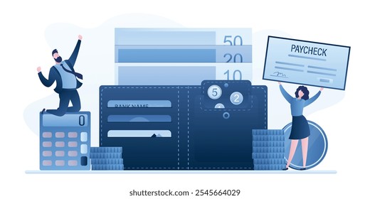 Gente de negocios o empleados y una gran billetera con dinero. Cheque de pago o concepto de pago en línea. Tarjetas de crédito, monedas y billetes en una cartera de bolsillo abierta. Salario, ingresos. Ilustración vectorial fija