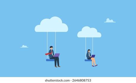 Empresários, funcionários, freelancers trabalhando com computador laptop no balanço amarrado suspensão na nuvem. Computação em nuvem, trabalho remoto na infraestrutura em nuvem da empresa, tecnologia para conectar o conceito de pessoas.