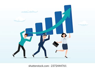 Business people employees help carrying growing graph together, business growth, improvement or progress to success, team planning and strategy to achieve success, growing or progress (Vector)