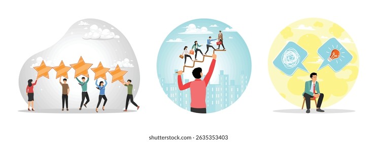 Business people employees holding 5 stars rating feedback. Businessman manager or coaching help employee engagement. Businessman sitting on chair thinking with messy problems and light bulb ideas.