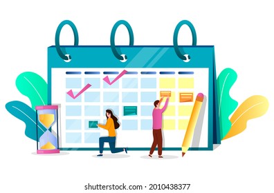 Business people employees planning schedule on calendar, flat vector illustration. Time management. Campaign planning.