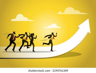 Business people employees running on career path arrow in rising up direction