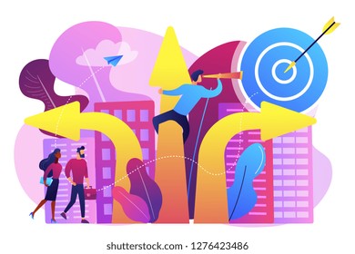 Business People And Empolyee Choosing New Career Direction Arrow With Target. Career Change, Alternative Career, Retraining For A New Job Concept. Bright Vibrant Violet Vector Isolated Illustration