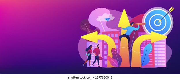 Business people and empolyee choosing new career direction arrow with target. Career change, alternative career, retraining for a new job concept. Header or footer banner template with copy space.