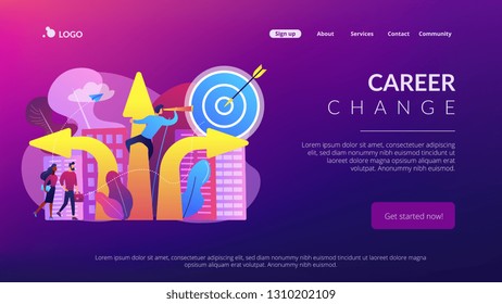 Business people and empolyee choosing new career direction arrow with target. Career change, alternative career, retraining for a new job concept. Website vibrant violet landing web page template.