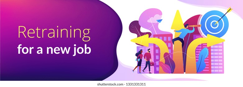 Business people and empolyee choosing new career direction arrow with target. Career change, alternative career, retraining for a new job concept. Header or footer banner template with copy space.