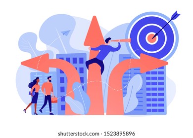 Business people and empolyee choosing new career direction arrow with target. Career change, alternative career, retraining for a new job concept. Pinkish coral bluevector isolated illustration