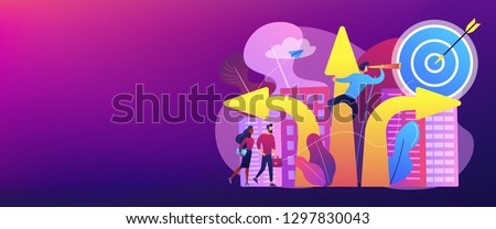 Business people and empolyee choosing new career direction arrow with target. Career change, alternative career, retraining for a new job concept. Header or footer banner template with copy space.