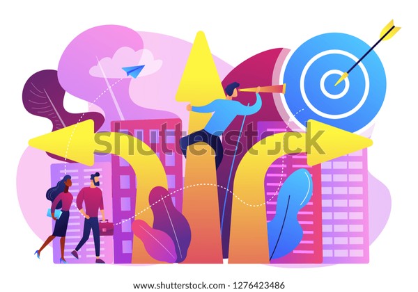 Business people and empolyee choosing new\
career direction arrow with target. Career change, alternative\
career, retraining for a new job concept. Bright vibrant violet\
vector isolated\
illustration