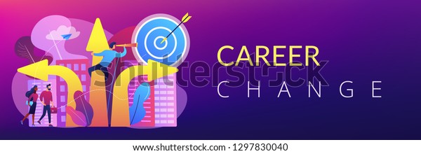 Business people and empolyee choosing new career\
direction arrow with target. Career change, alternative career,\
retraining for a new job concept. Header or footer banner template\
with copy space.