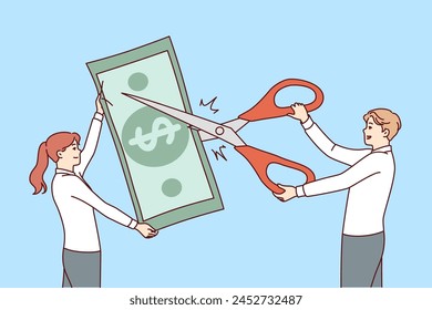 Business people are engaged in reducing costs and budget financing by cutting money with scissors. Concept of stopping financing of disadvantageous projects or unprofitable departments of company